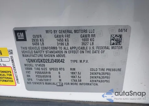 2014 Chevrolet Traverse 1Lt z USA, uszkodzony, nr VIN 1GNKVGKD2EJ349642